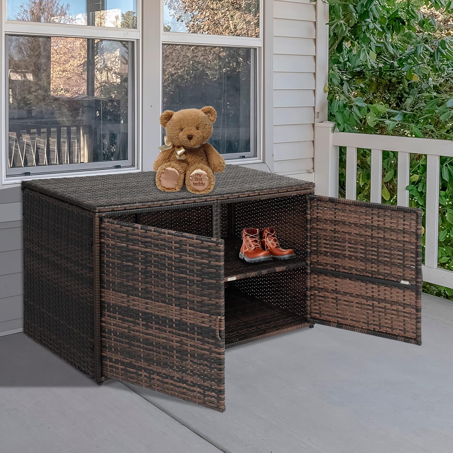 Simply-ME 104 Gal Outdoor Deck Storage Box,PE Rattan Large Storage Deck Box Bench for Indoor/Outdoor Garden Pool Patio Storage,Double Door