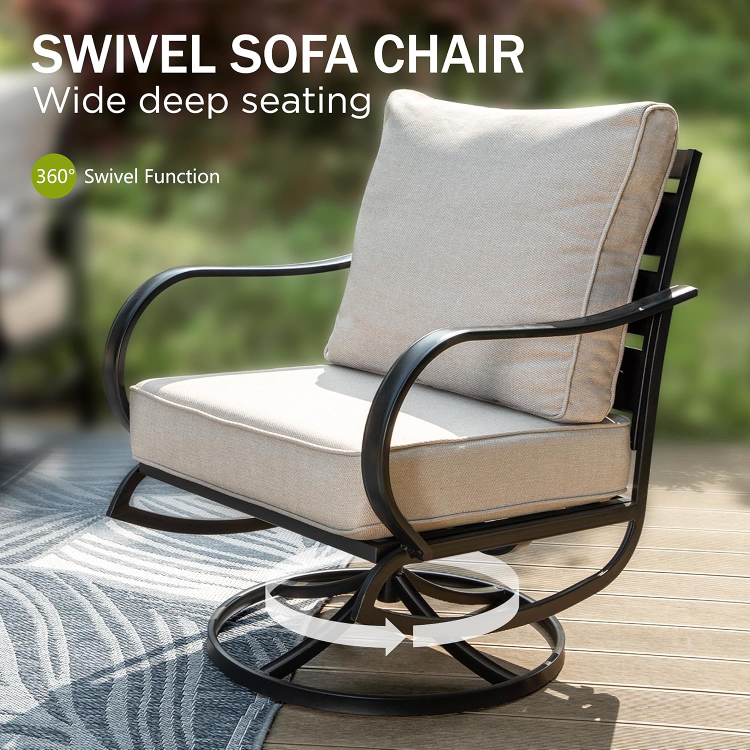 PHI VILLA 6 PCS Patio Furniture Set with FirePit Table, Outdoor Conversation Set with 1 x 72 Deep Seating Sofa Bench, 1 x 45 Gas Firepit Table, 2 x C-Base Sofa Chairs, 2 x Metal Cushioned Ottoman