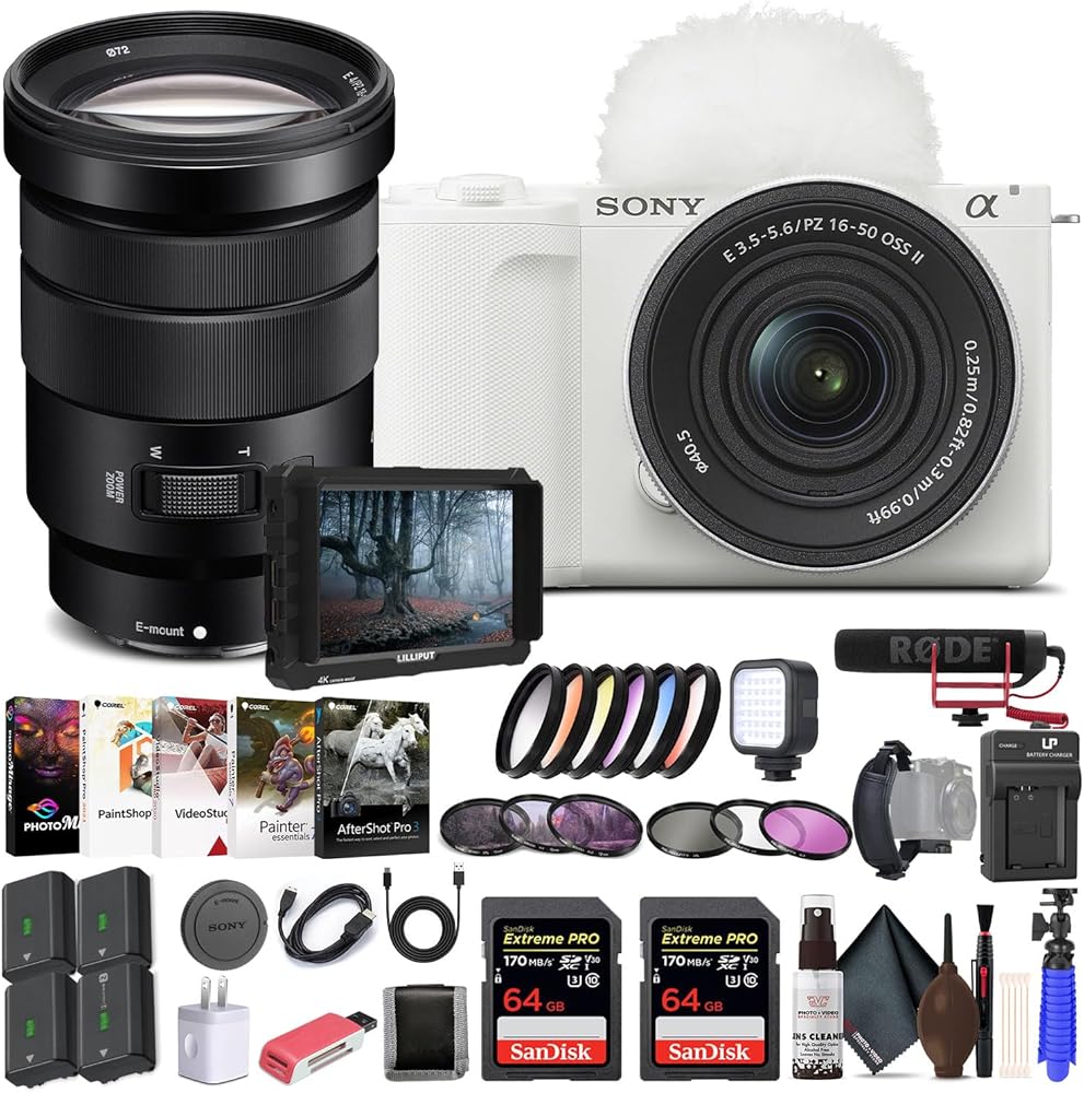 Sony Alpha ZV-E10 II Mirrorless Camera with 16-50mm Lens (White) (ZVE10M2KW) - 18-105mm Lens, 4K Monitor, Pro Mic, 2 x 64GB Memory Card, Color Filter Kit, Filter Kit, More