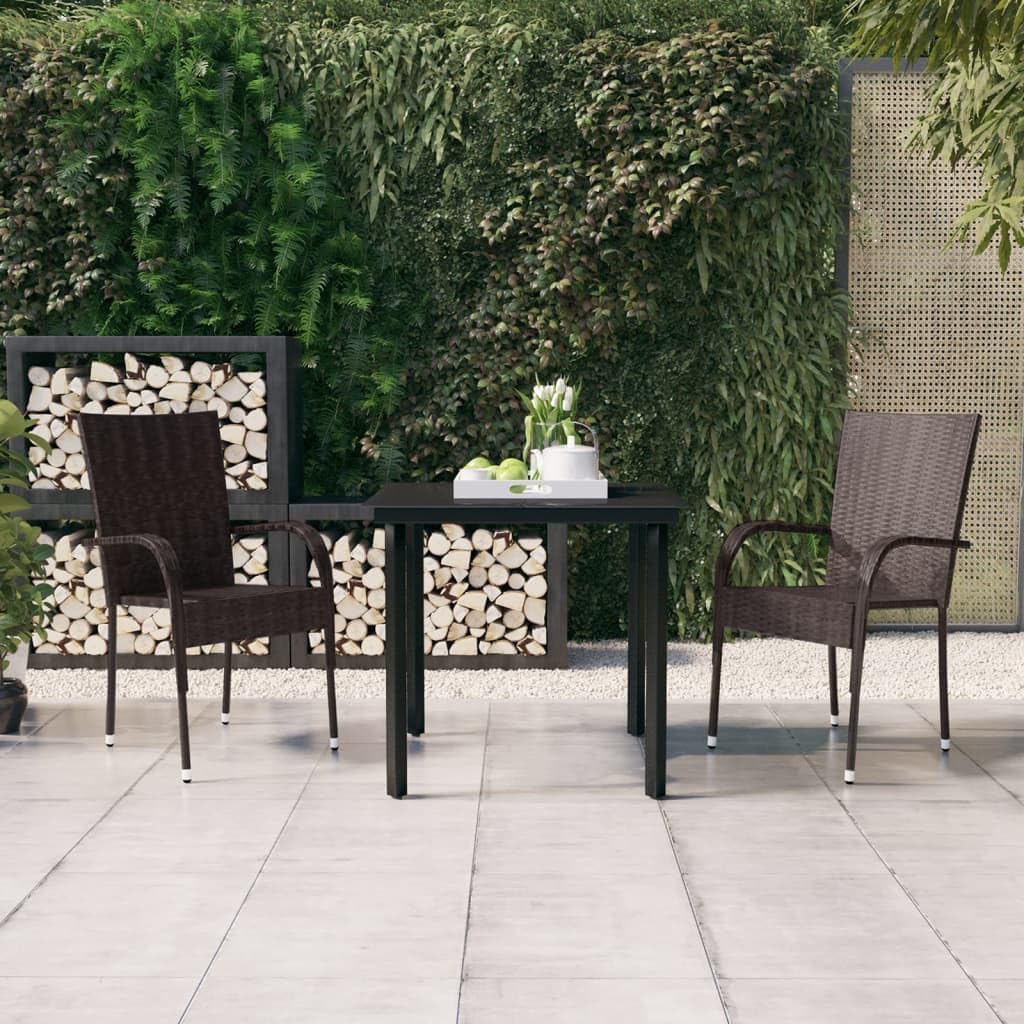 Garden Dining Set, Brown PE Rattan, Black Synthetic Glass Tabletop, Small 2-Person Outdoor Patio Furniture Set for Balcony, Durable