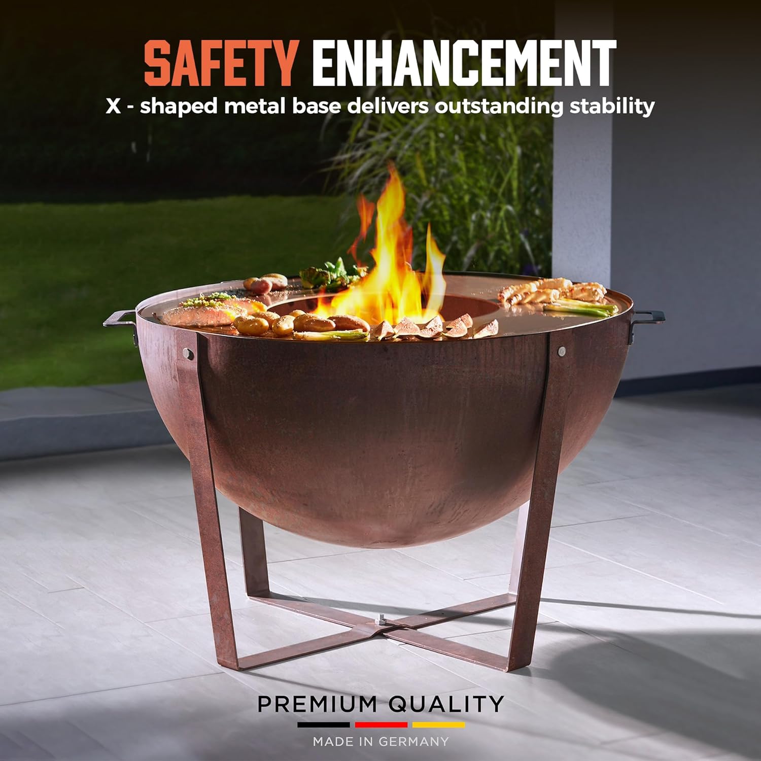 Corten Steel Heavy-Duty Fire Pit with Grilling Ring,Fire Pit Bowl with Stand,Round Firepit with Handle, Weathering Steel Wood Burning Firepit for Outside Backyard Deck Party Bonfire,32”