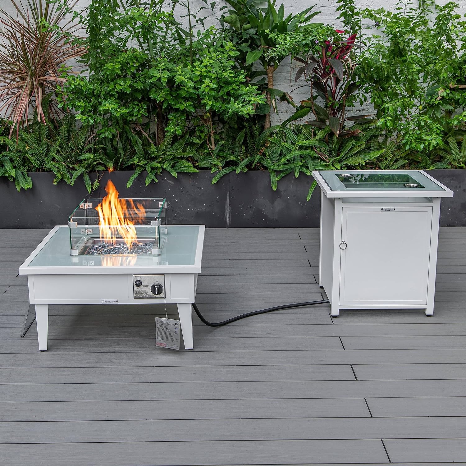 LeisureMod Walbrooke Modern Square Fire Pit Table and Tank Holder with Powder Coated Aluminum for Patio and Backyard Garden, White