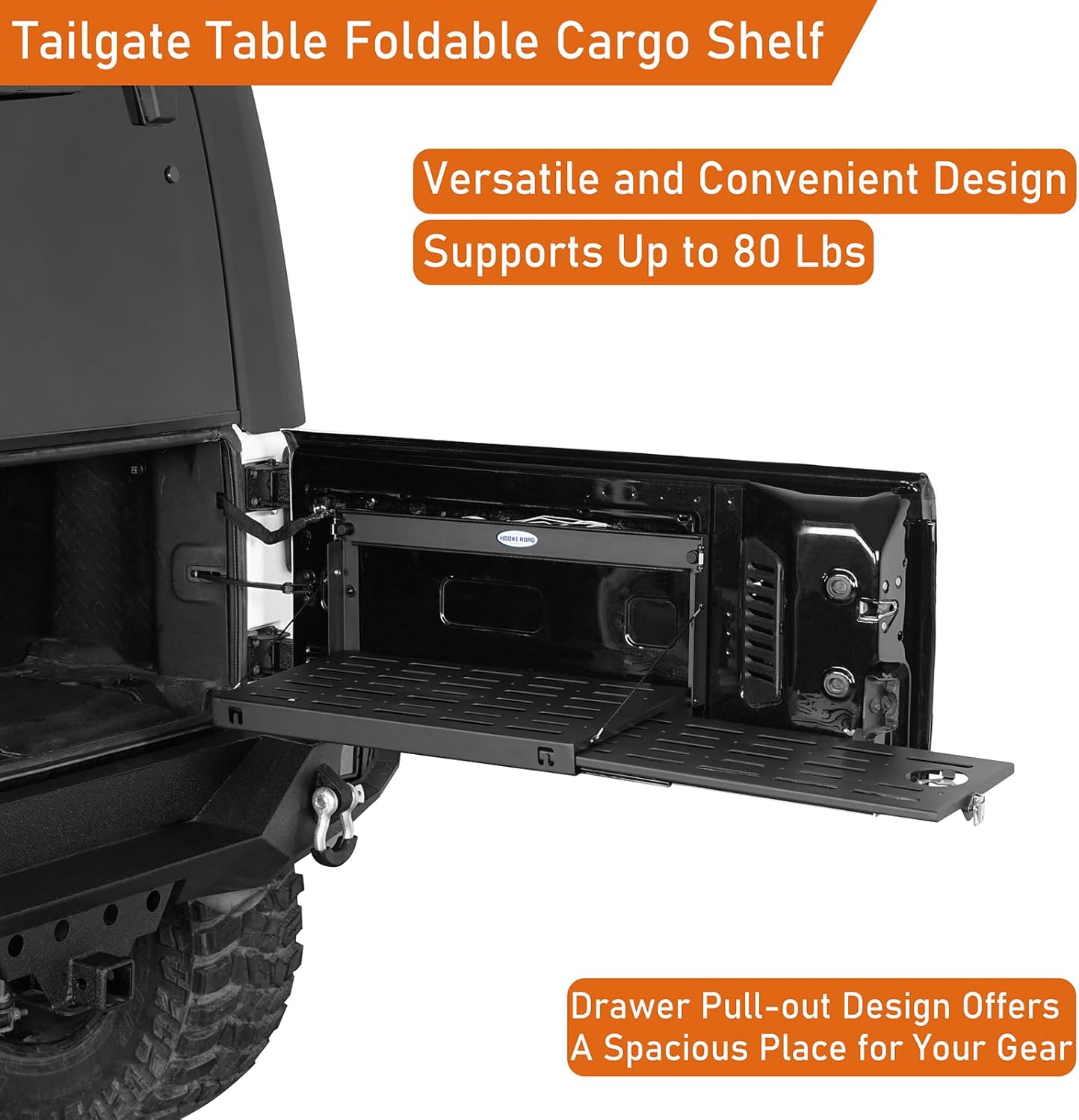 Hooke Road JK Tailgate Table Pull-out Style Cargo Shelf for 2015-2018 Jeep Wrangler JK JKU Unlimited 2 or 4 Doors, Foldable Camping Desk Overlanding Storage Molle Panel