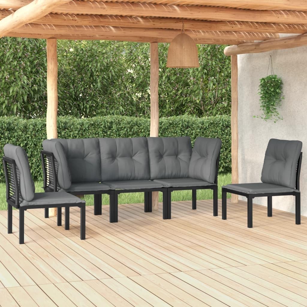 5-Piece Garden Lounge Set, Black Grey PE Rattan Outdoor Patio Furniture, Modular Seating for Balcony, Weather-Resistant Steel Frame