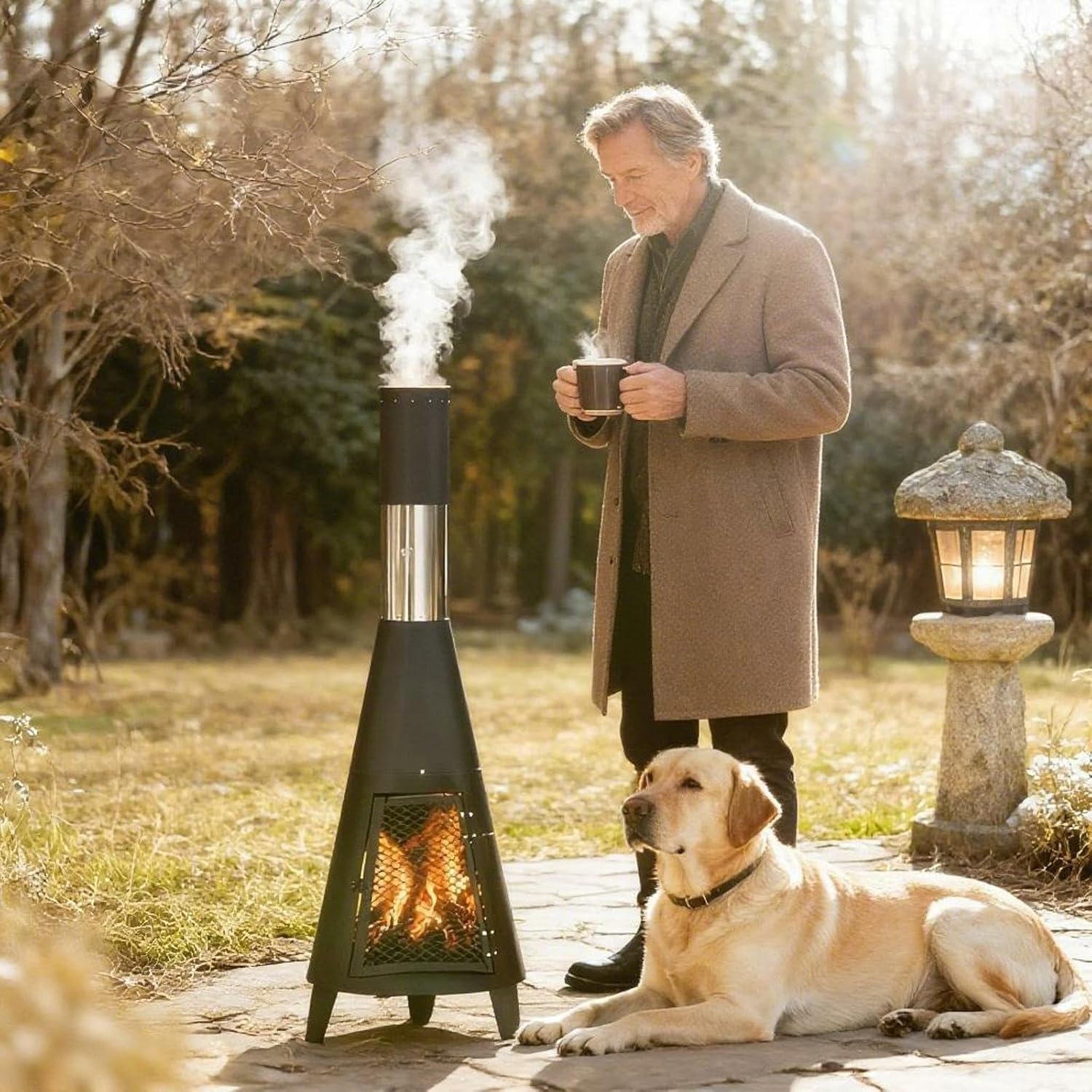 Chiminea Outdoor Fireplace, Portable Fireplace Chimenea with Mat and Poker. Wood Burning Fire Pit for Patio Garden Camping Heating and Ambiance