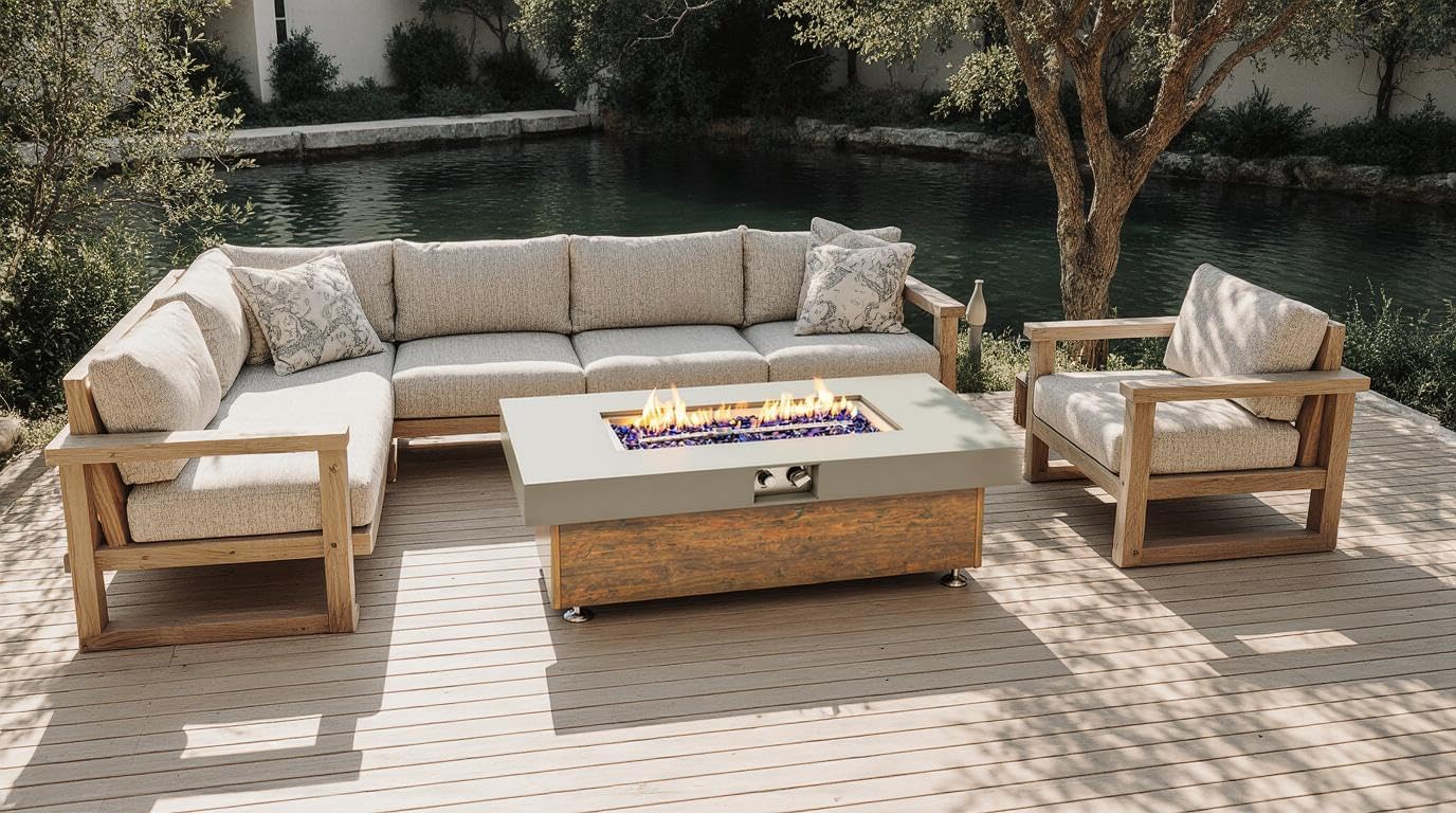 48_inch Iron Fire Pit Table with Wood Grain, Outdoor Patio Heater for Backyard Garden, Rustic Fire Pit Table with Realistic Wood Finish, Durable & Weather-Resistant Metal, Easy Assembly