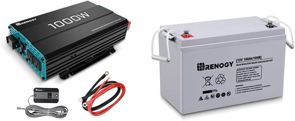 Renogy 1000W Pure Sine Wave Inverter 12V DC to 120V AC Converter & Deep Cycle AGM Battery 12 Volt 100Ah for RV, Solar Marine and Off-Grid Applications, Gray, Model Number: RNG-BATT-AGM12-100