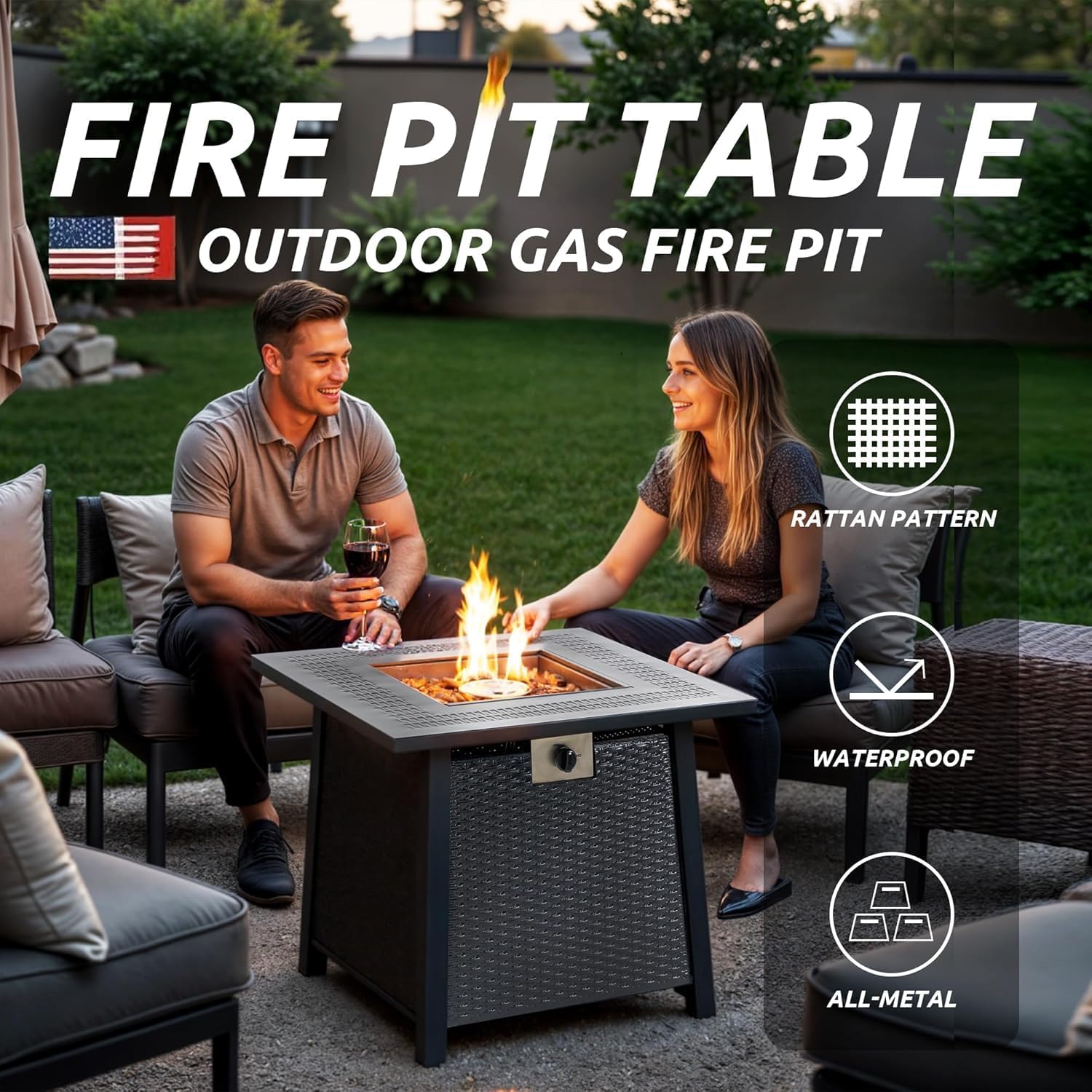 28 Inch Patio Propane Fire Pit, Out Door Fire Pits & Fireplaces, Gas Fire Pit with Cover and Lava Rock for Garden, Courtyard and Backyard, Black