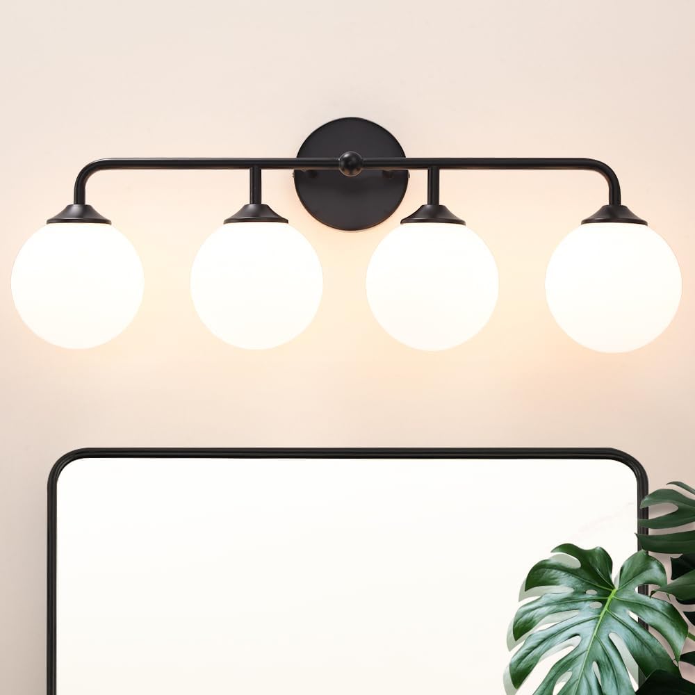 4-Lights Black Vanity Lights with Milky White Globe Glass Shade, Industrial Bathroom Wall Sconces Light over Mirror, Vanity Lighting Fixture for Bathroom Dressing Table Bedroom Living Room