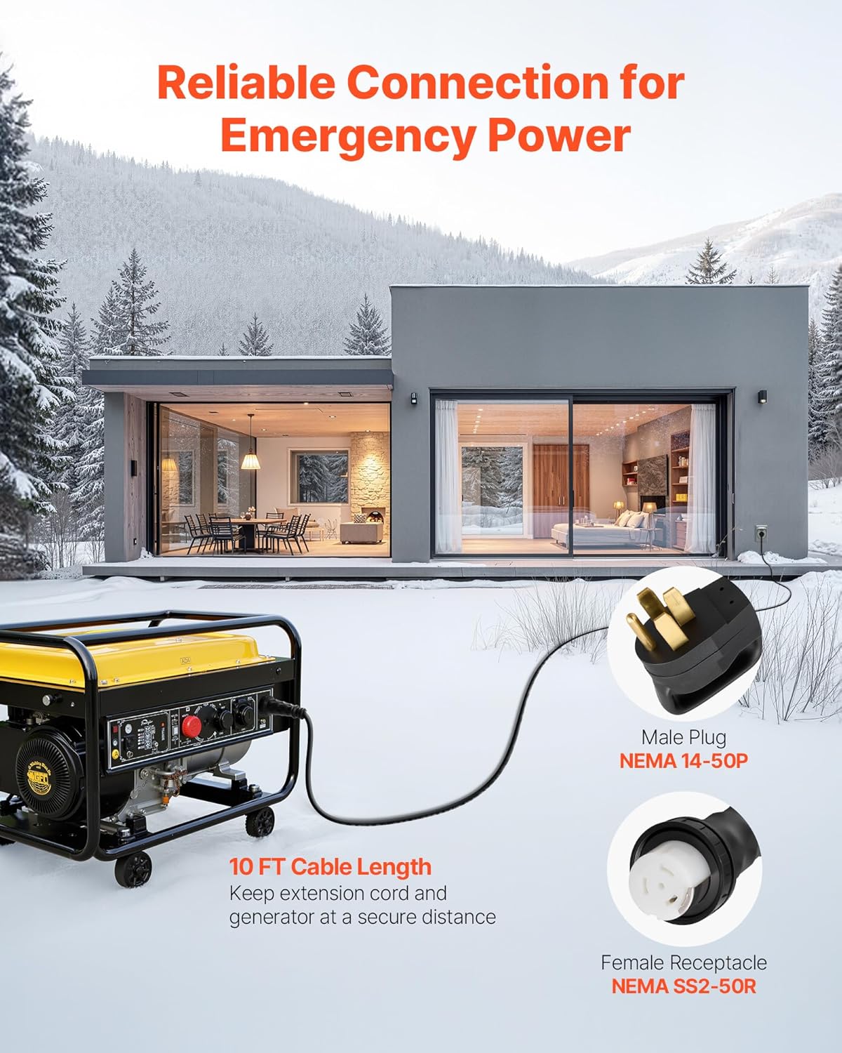 VEVOR 50 Amp Generator Cord and Power Inlet Box, 10FT, 125V/250V STW 6/3 + 8/1 AWG Extension Power Cord, NEMA 14-50P to SS2-50R, Twist Lock Connector, Inlet Box Kit, for Generator to House, ETL Listed