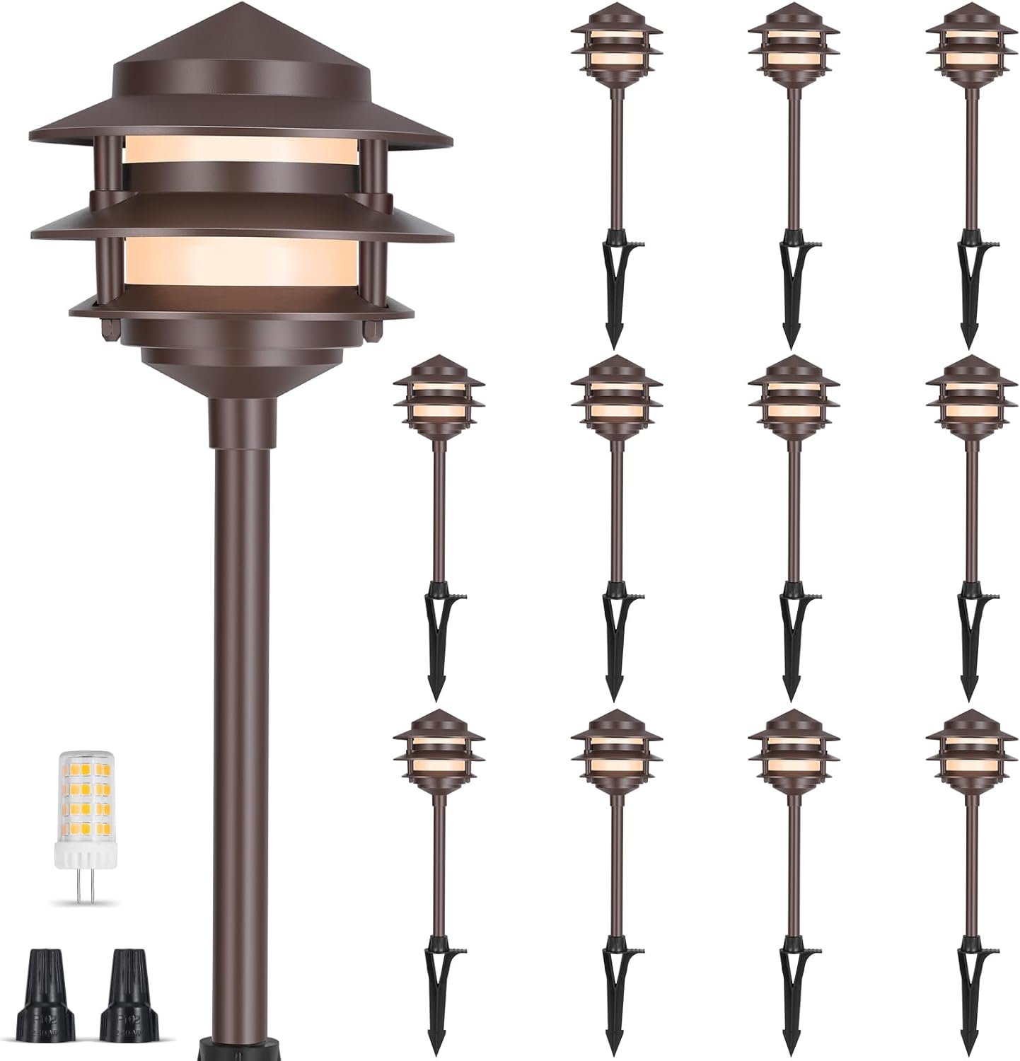Gardencoin Pagoda Low Voltage Landscape Pathway Lights, 12V Outdoor LED Path Lights Wired, Aluminum Walkway Lighting with 4W 2700K Replaceable G4 Bulb, Bronze Classic 3-Tier Lantern, 12 Pack