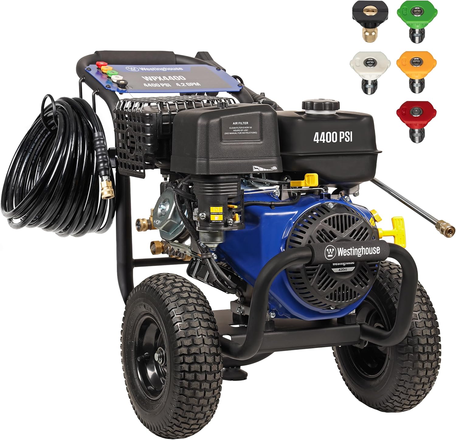 Westinghouse WPX4400 Gas Pressure Washer, 4400 PSI and 4.2 Max GPM, Spray Gun and Wand, 5 Nozzle Set, for Cars/Fences/Driveways/Homes/Patios/Furniture