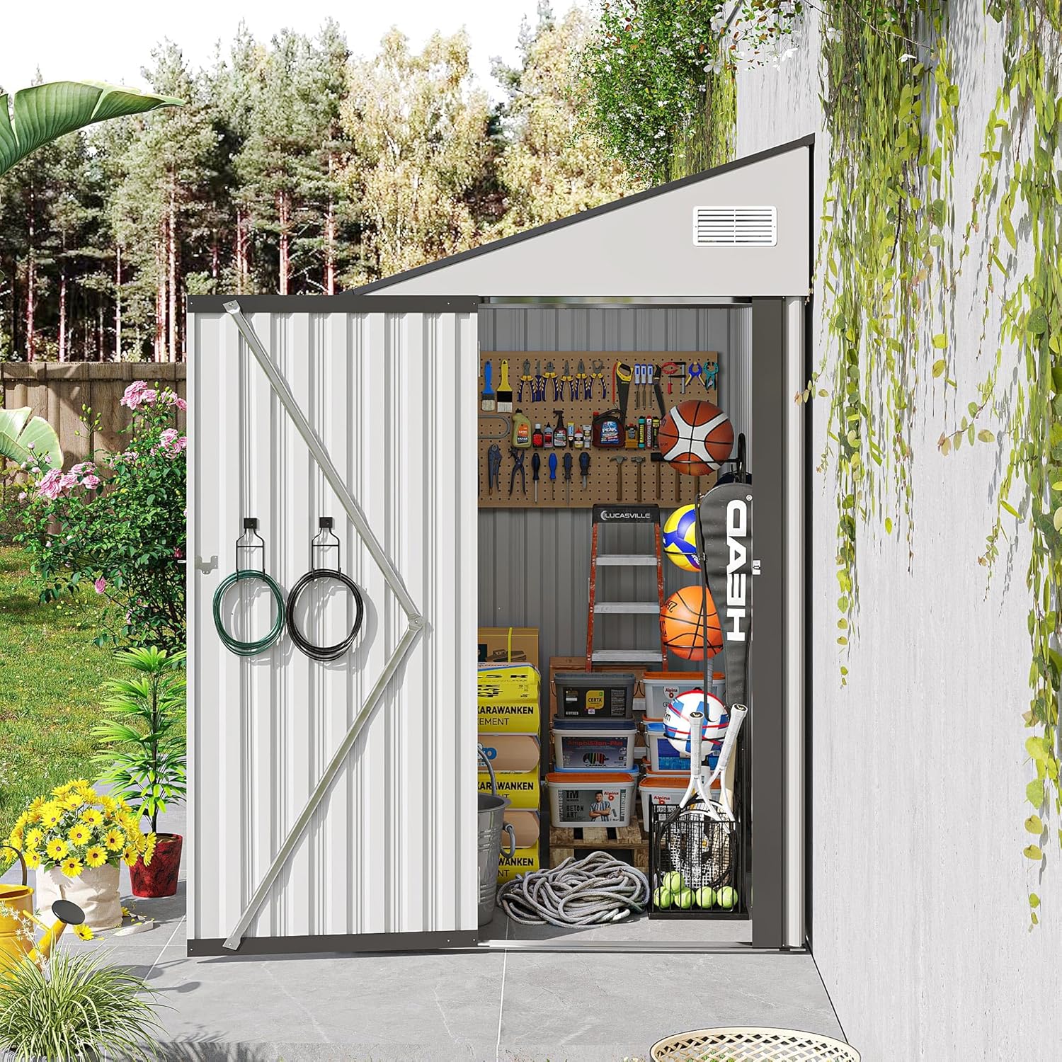 8x4 FT Outdoor Storage Shed, Sloping Roof Metal Shed with Lockable Hinge Door and Vents, All-Weather Outdoor Sheds for Garden, Backyard, Patio, Lawn