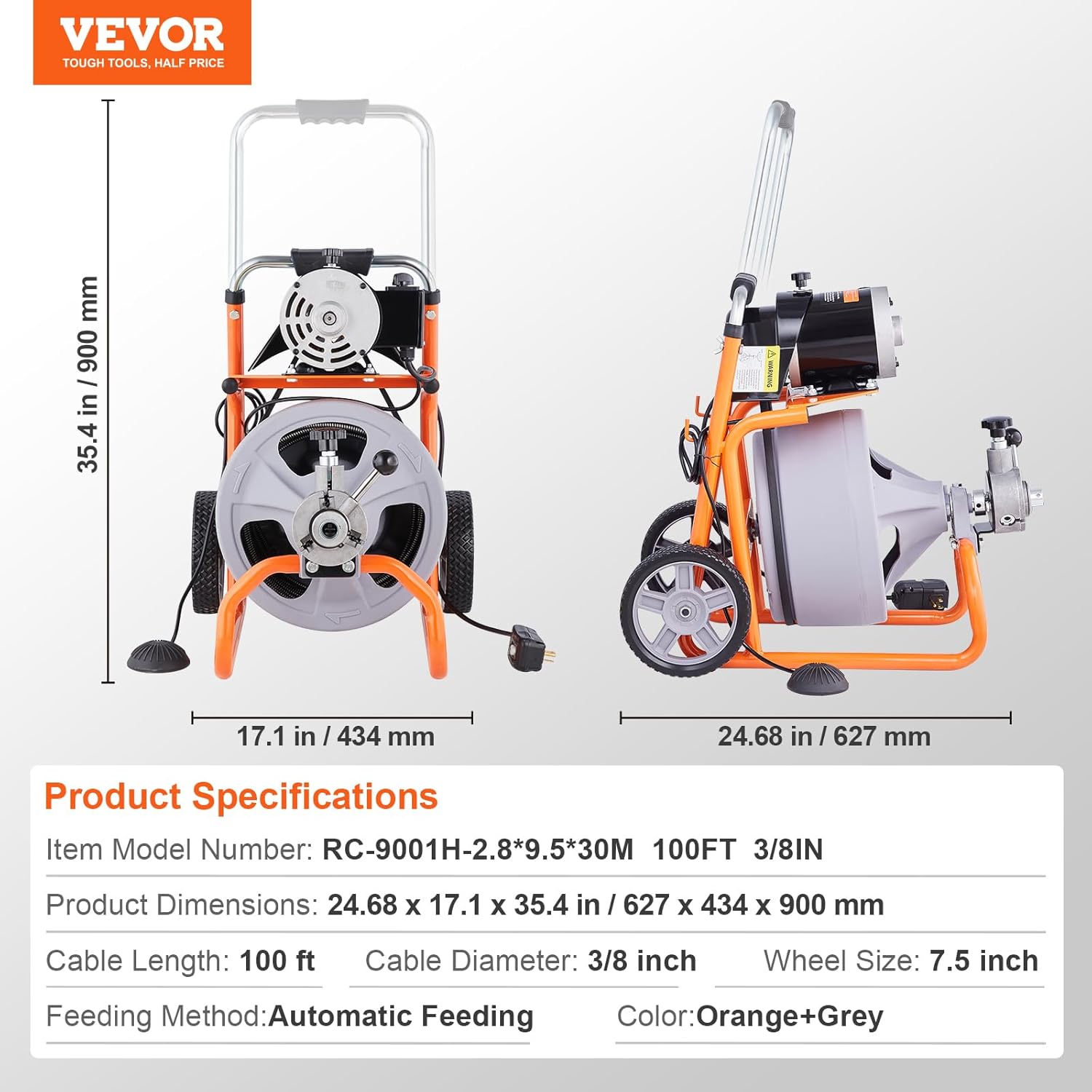 VEVOR Drain Cleaner Machine 100FT x 3/8 Inch, Auto Feed Sewer Snake Drain Auger, Portable Drain Cleaning Machine with 8 Cutters & Air-activated Foot Switch for 2