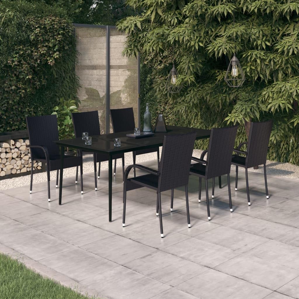 7 Piece Patio Dining Set Black,Sophisticated Outdoor Dining Set: Durable Steel, Glass Tabletop, Rattan Chairs for Patio Furniture Sets for Patio, Lawn & Garden