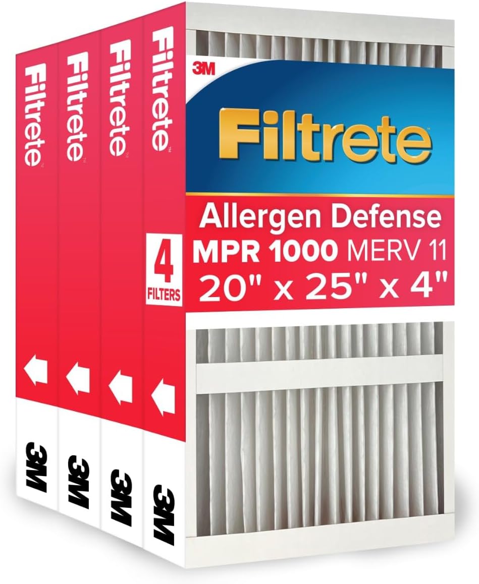 Filtrete 20x25x4 AC Furnace Air Filter, MPR 1000, MERV 11, Fits Honeywell & AprilAire Space-Gard, Allergen Defense, Electrostatic Air Cleaning Filter, 4-Pack (actual size 19.88 x 24.63 x 4.31)
