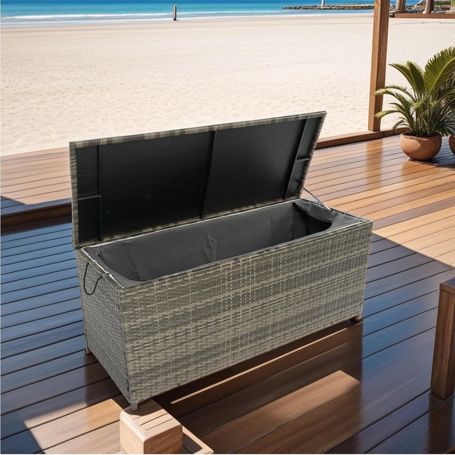 113 Gallon Grey Wicker Outdoor Storage Box – Waterproof Patio Deck Box for Cushions, Toys & Towels