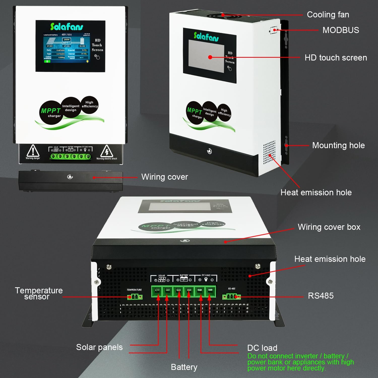 96V 60A Modbus MPPT Controller 6600W Solar Panels Input HD Touch Screen 48V/60V/72V/84V/96V PV180V Battery Reactivation Multi-Language with Bluetooth