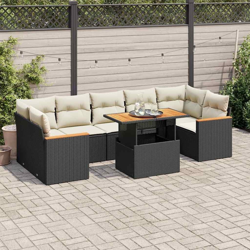 8-Piece Modular Garden Sofa Set, Black PE Rattan, Cream White Cushions, Outdoor Patio Furniture for Balcony, Weather-Resistant Seating