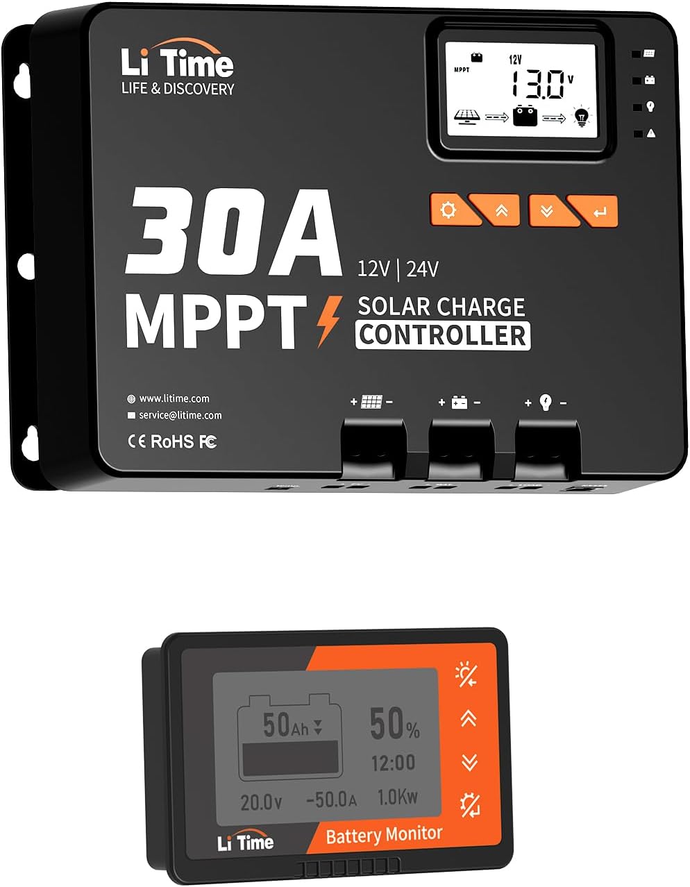 LiTime 30 Amp MPPT 12V/24V/Auto DC Input Solar Charge Controller Build-in Bluetooth Module with 500A Battery Monitor with Shunt