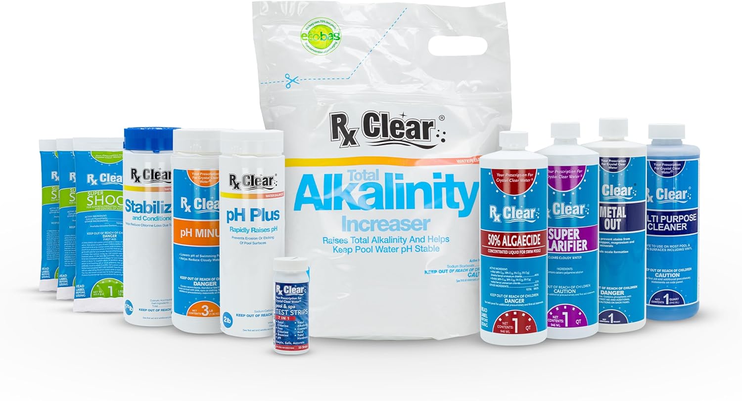 Rx Clear Deluxe Spring Chemical Opening Pool Cleaning Kit | for Swimming Pools Up to 7,500 Gallons | Includes Shock, Clarifier, pH Minus, Algaecide and More | Keep Your Pool Clean and Clear