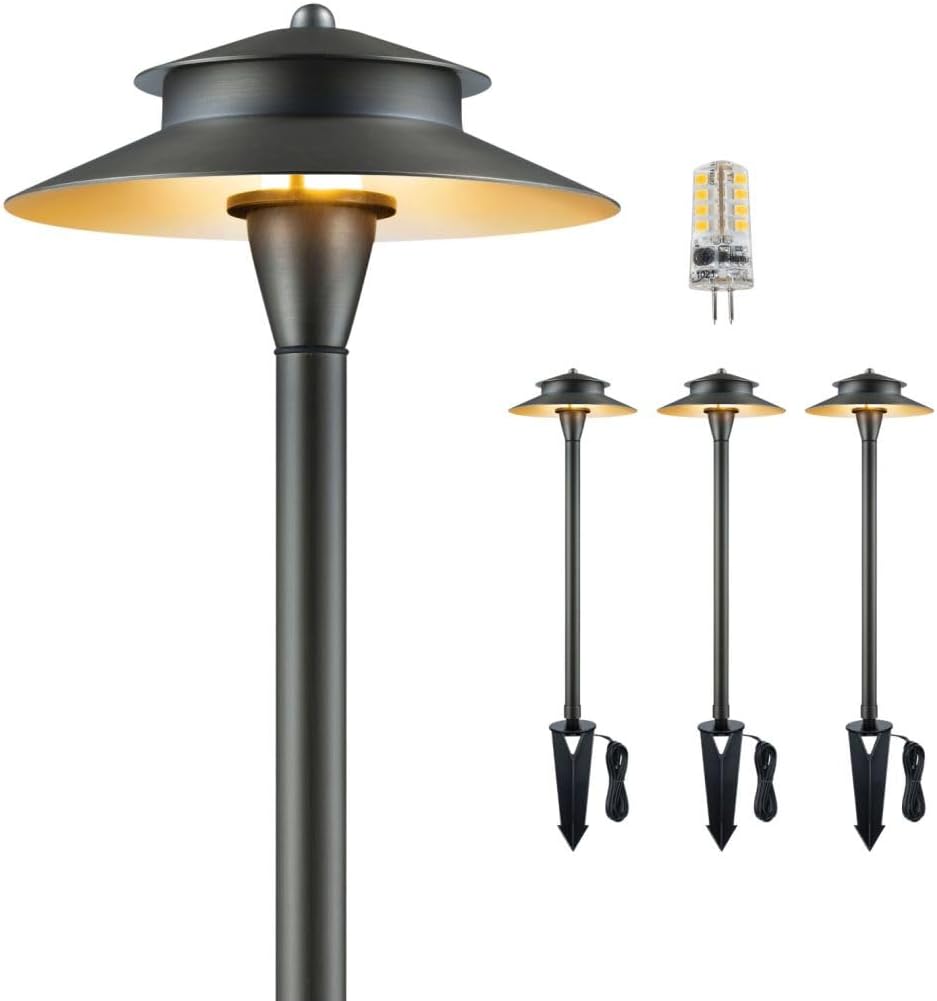 Gardenreet Brass Low Voltage Path Lights, Waterproof Landscape Pathway Light, 12V LED Outdoor Bronze 2 Tier Walkway Lighting for Driveway Yard Garden with 3W 270LM 4000K G4 Bulb 4 Pack