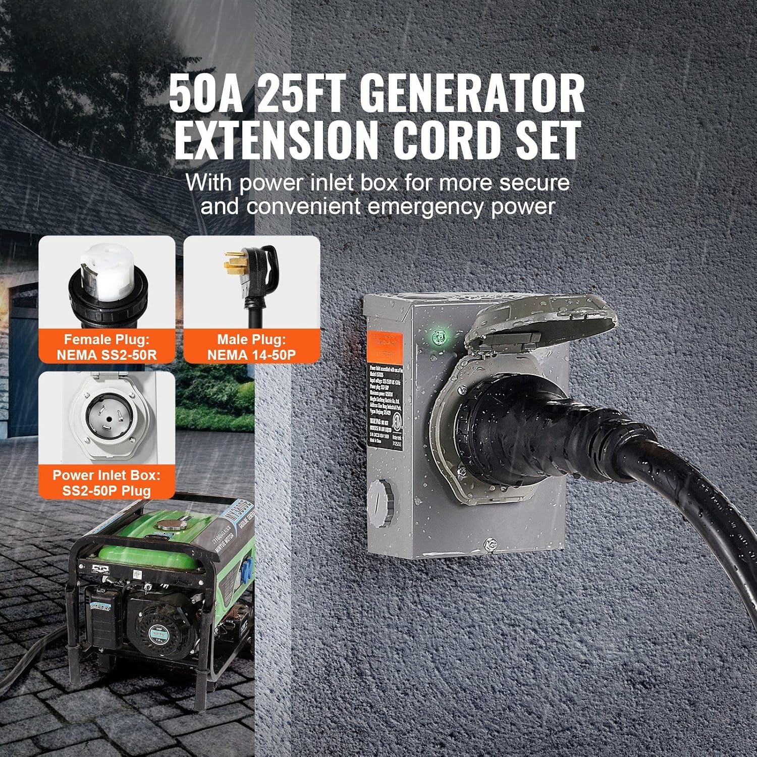 50Amp Generator Cord and Power Inlet Box Kit,25FT,NEMA 14-50P/SS2-50R STW 6/3+8/1 AWG Generator Power Cord with Twist Lock Connector,Pre-Drilled Inlet Box compatible with Generator to House,ETL Listed