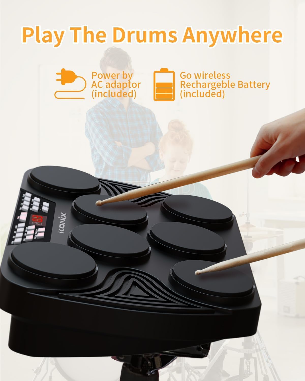 KONIX Electronic Tabletop Drum Set, Portable Electric Drum Kit with 7 Velocity Sensitivity Drum Pads, LED Drum Light, USB-MIDI Mac & PC Support, Ideal Gift for Adult and Beginners