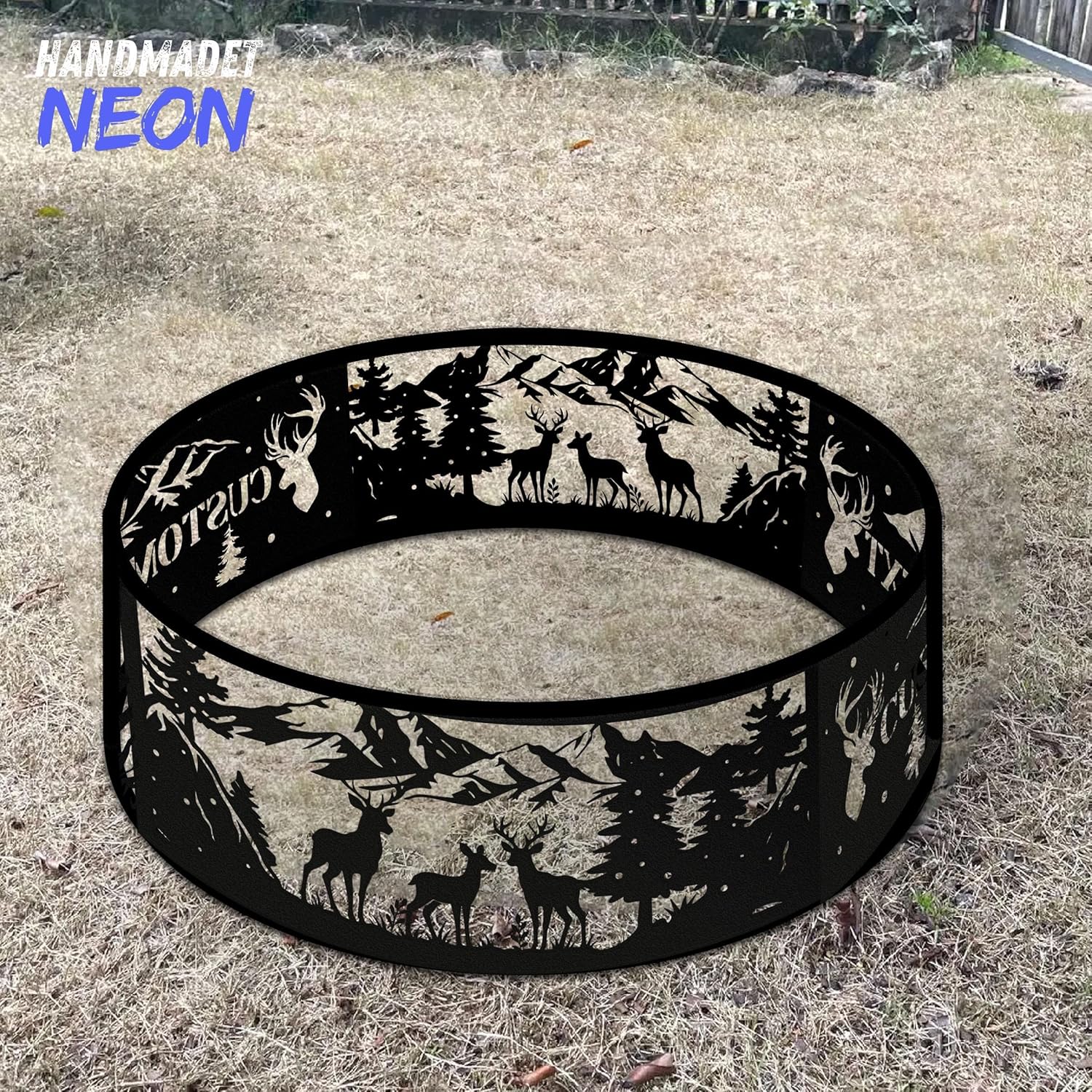 Personalized Fire Pit Ring 360 Degree, Outdoor Fireplace, Custom Text Fire Pits for Outside, Patio Firepit, Camping Bonfire Firepits, Garden BBQ Backyard Decor (Deer)