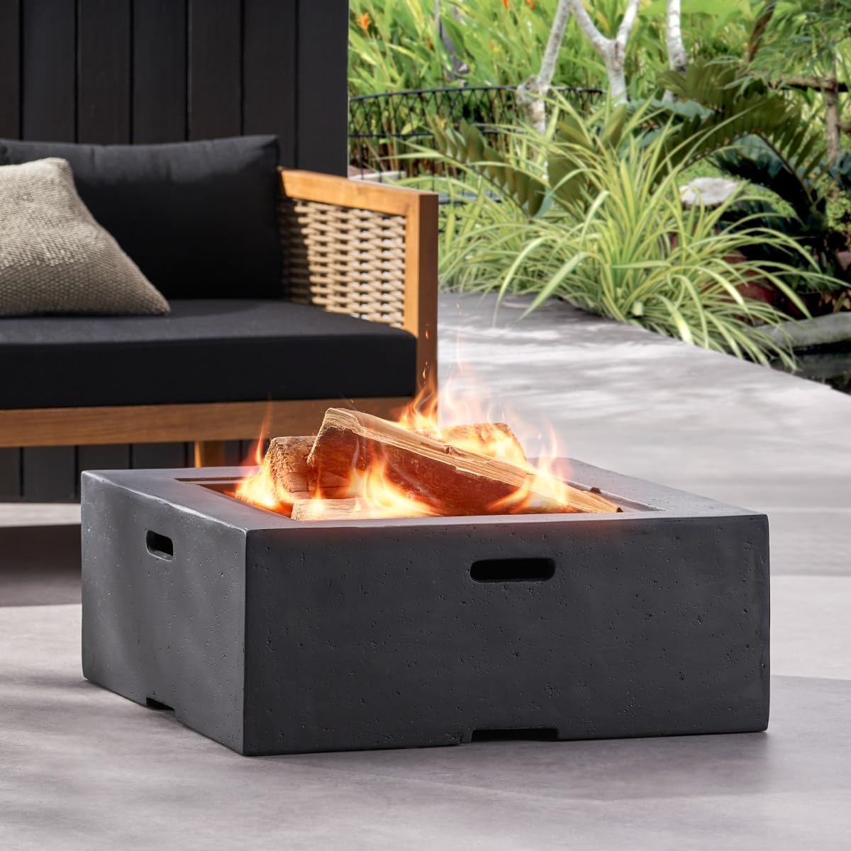 29 Inch Square Dark Gray Wood-Burning Fire Pit, Outdoor MgO Lightweight Concrete Fire Pit with Spark Screen & Poker, No Assembly Required, for Patio Garden Backyard