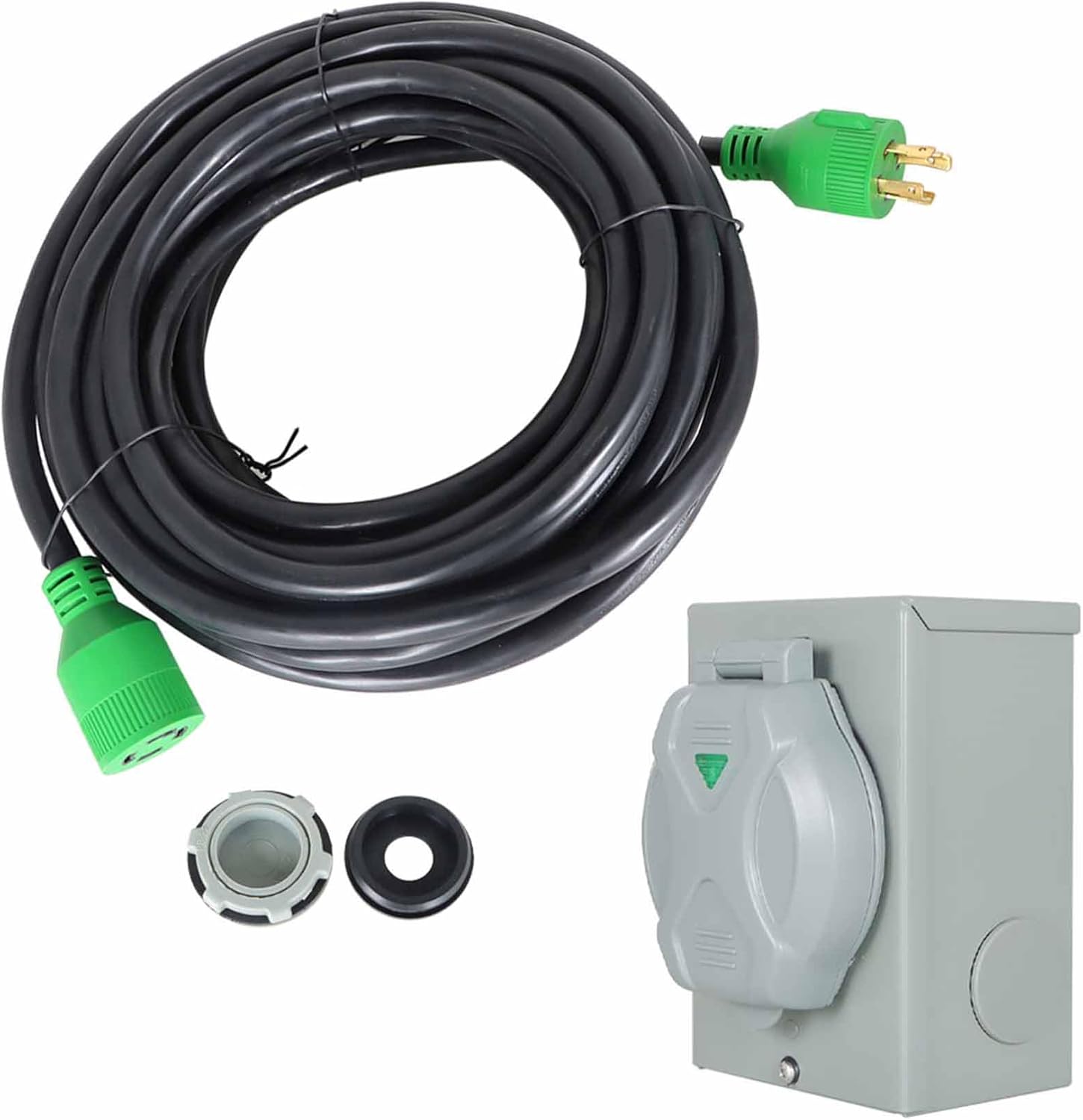 labwork 30A 50FT Generator Extension Cable Green Connector Black Wire Power Input Box L14-30P to L14-30R