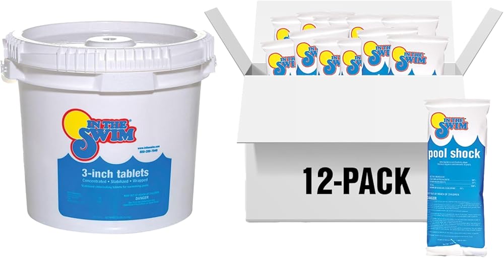 In The Swim Chlorine and Shock Bundle for Sanitizing Swimming Pools – Includes 25 Pound Bucket of 3 Inch Stabilized Chlorine Tablets and 12 x 1 Pound Bags of 68% Cal-Hypo Pool Shock