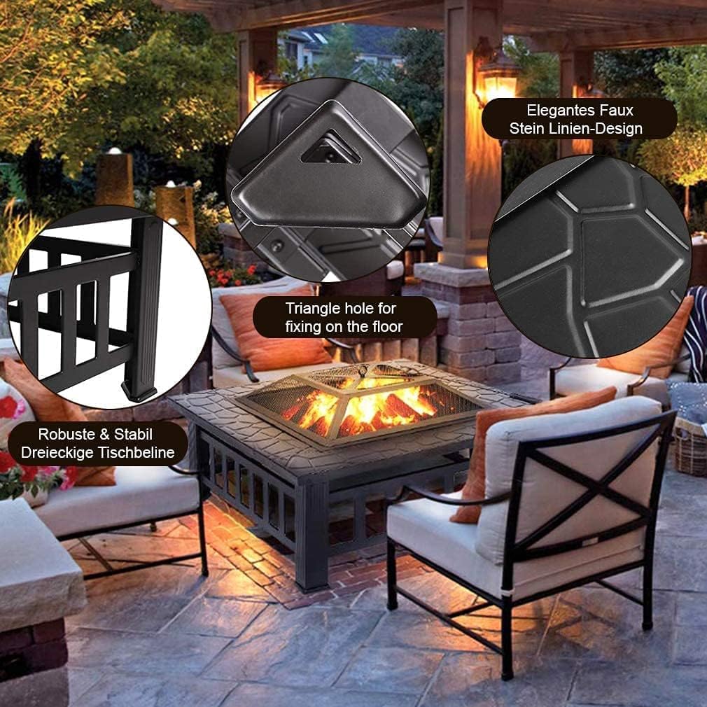 Fire Pit 32 inch Fire Pits for Outside Firepit Multi-Purpose Metal Fire Pit Outdoor Wood Burning Fire Pit Table with Spark Screen & Safety Poker for Camping, Picnic, BBQ, Backyard, Patio