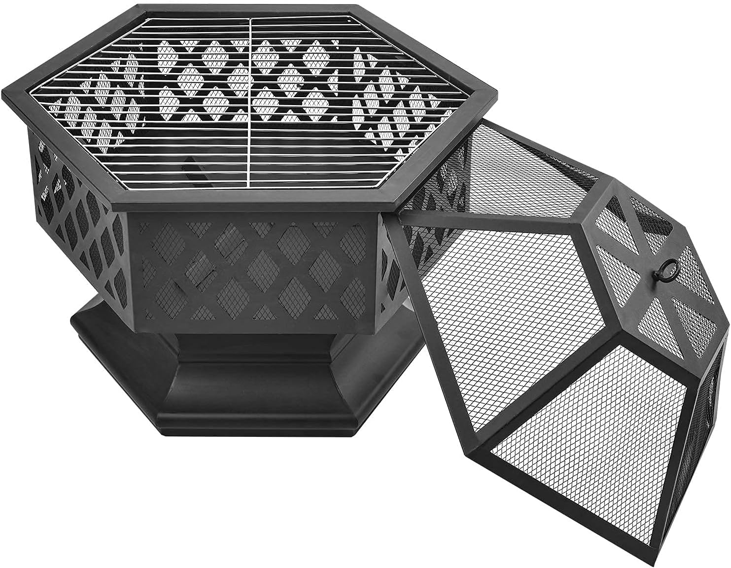 Iron Fire Pits with Poker for Garden,Hexagonal Shaped Metal Fire Pit Garden Stove with Spark Screen and Fireplace Cover for Outdoor Patio Backyard Camping Poolside