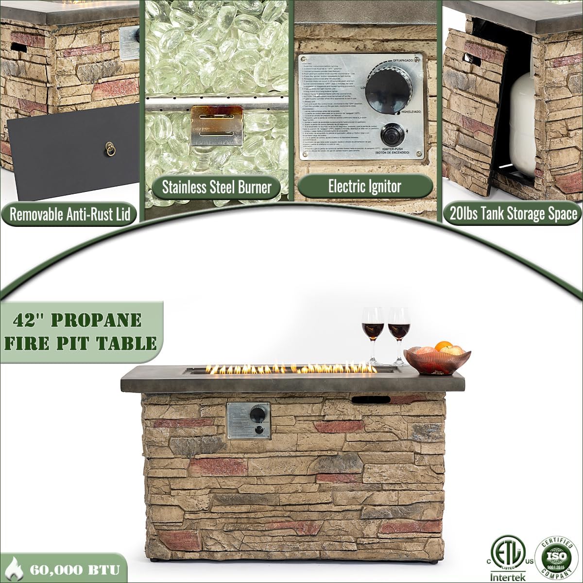 42-inch Rectangular Propane Fire Pit Table, 50000 BTU, Stone-Look Base with Metal Top, Hidden Tank Storage