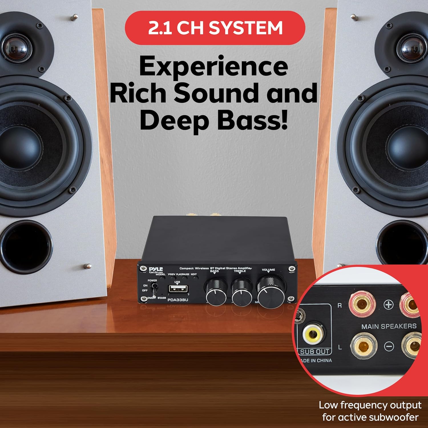 Pyle 2.1 CH Wireless Stereo Power Amplifier - 200W Bluetooth Mini Amp with USB Player, RCA Input, Subwoofer Output, Bass and Treble Control, Compact Audio Streaming Amp