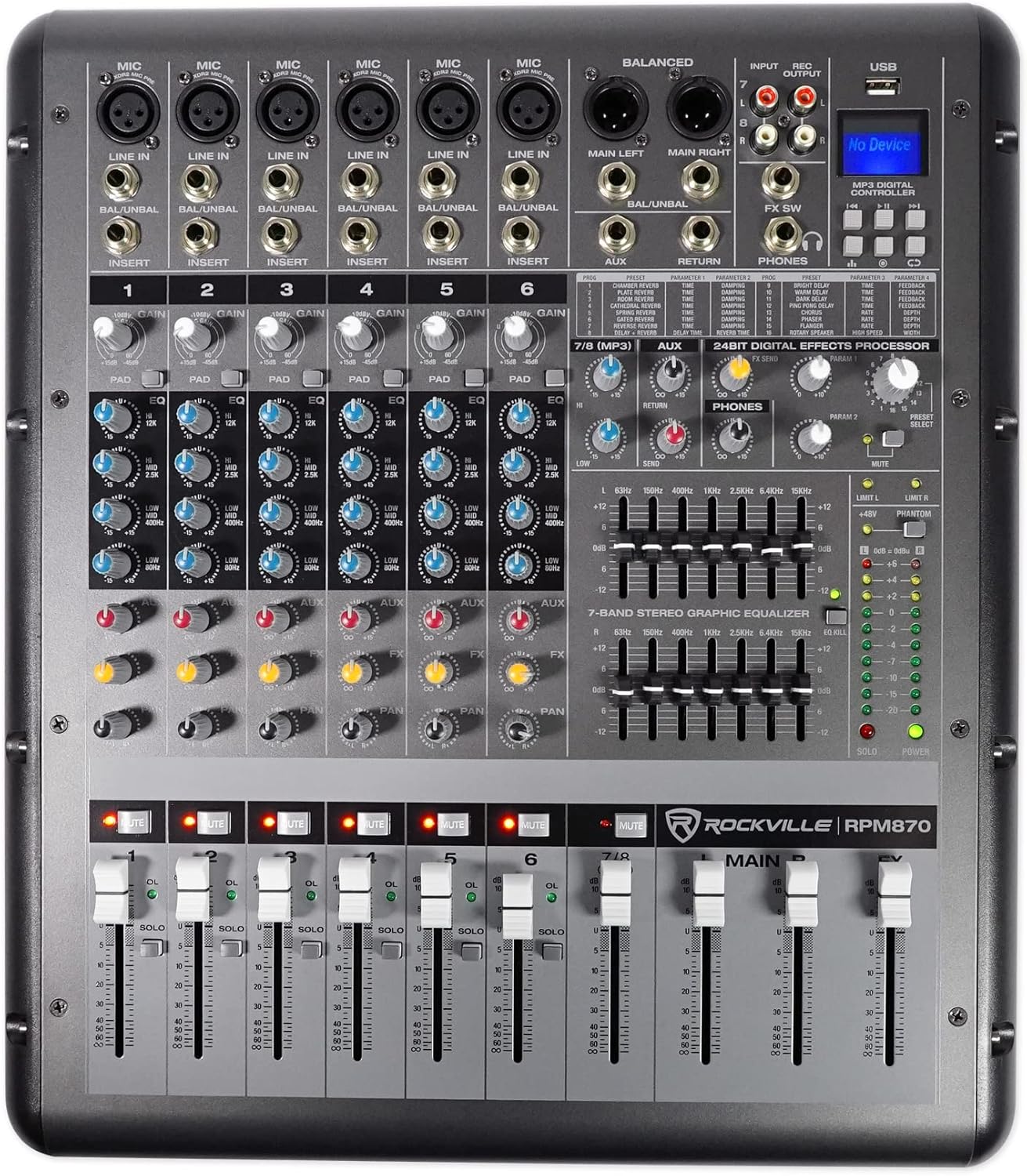 Rockville RPM870 6000w Powered Mixer, 8 Channel, 8 XDR2 Mic Pres, USB, 24-Bit Effects, Bluetooth, for Live Bands and DJs