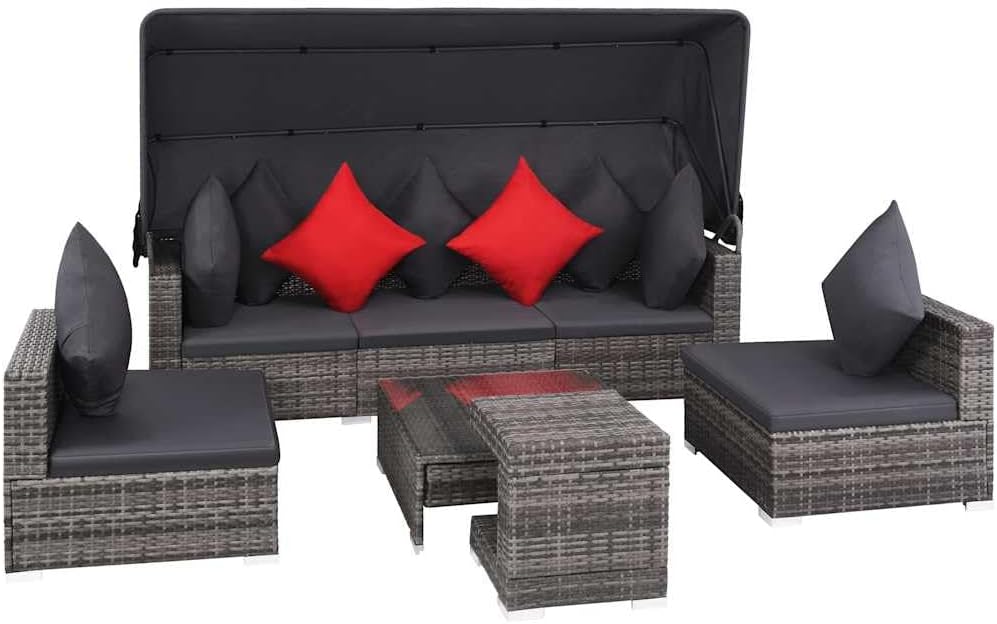 7-Piece Rattan Sofa Set, Grey & Dark Grey, Modular Outdoor Patio Furniture with Cushions, Weather-Resistant Garden Balcony Seating for 5 People