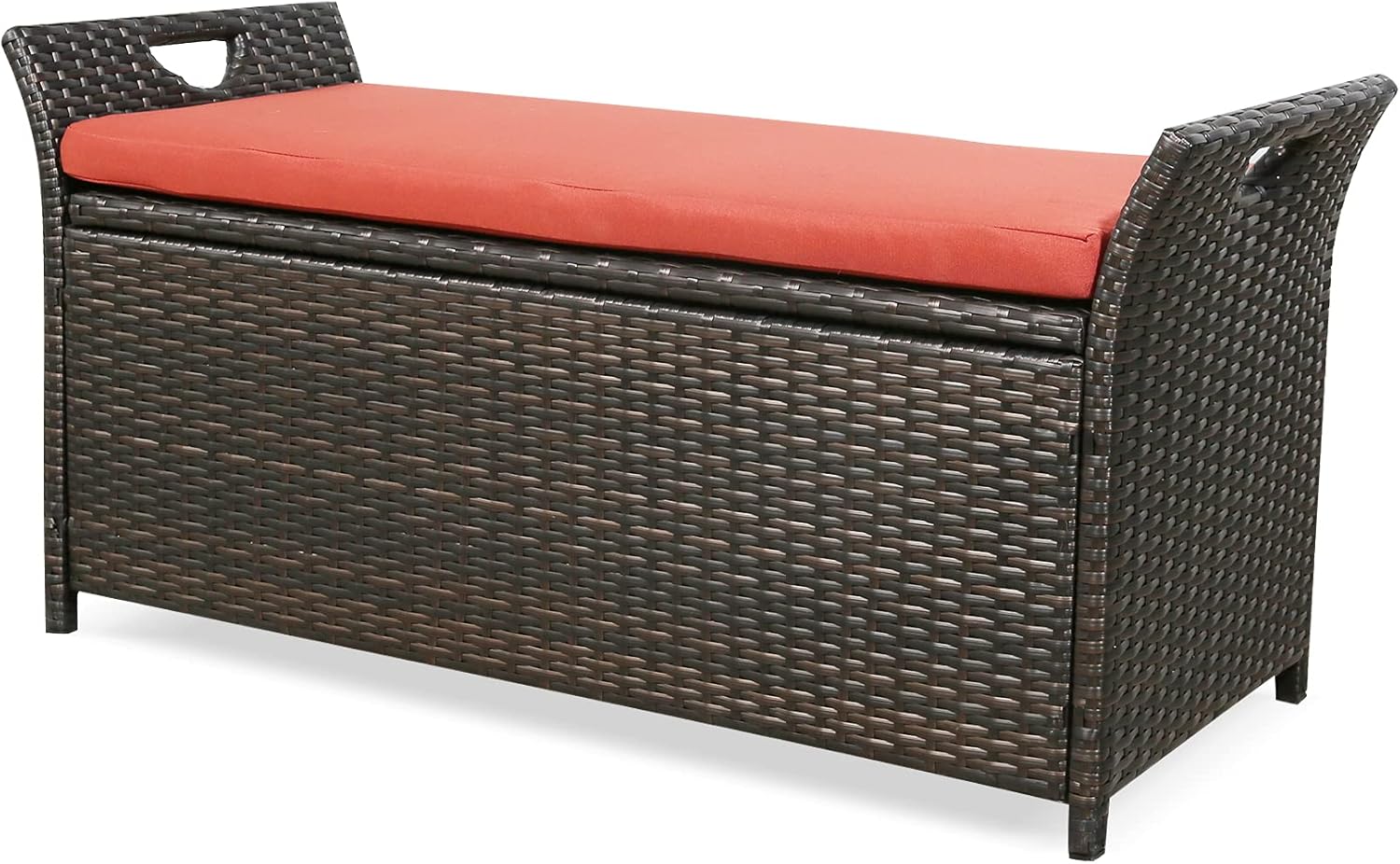 Patio Wicker Storage Bench Outdoor Rattan Deck Storage Box with Cushion (Terracotta)