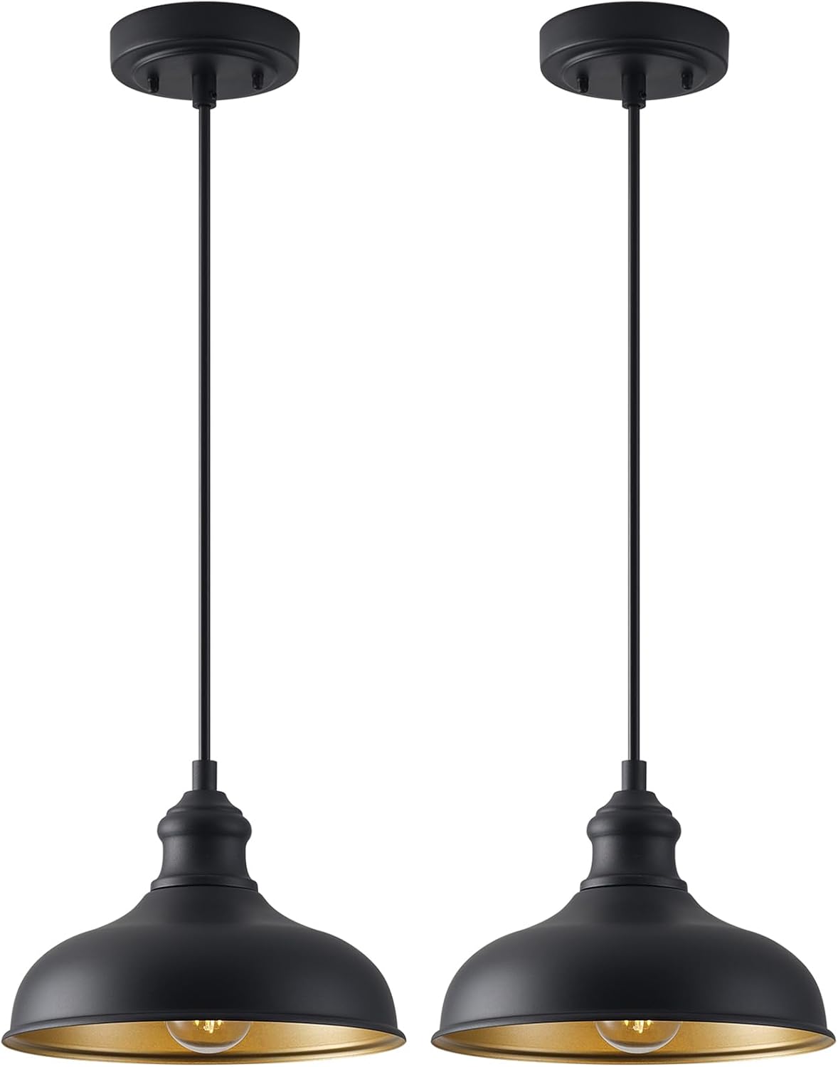 10in Outdoor Pendant Light Fixture Farmhouse Barn Style Kitchen Island Hanging Lamp for House, 2 Pack Black Entrance Pendant Mount Lighting with Brass Interior for Dining Room, Ajustable