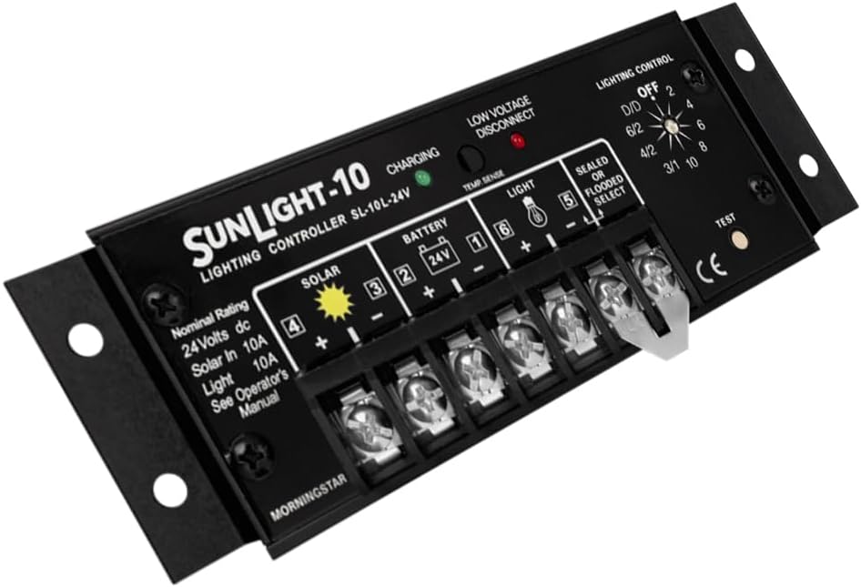 Morningstar Sunlight 10A Solar Charge Controller (SL-10L-24V) - Solar Panel Regulator for 24 Volt Batteries, Lighting Ctrl, Easy Setup, Corrosion Resistant Terminals, 5 Year WTY - Designed in The USA