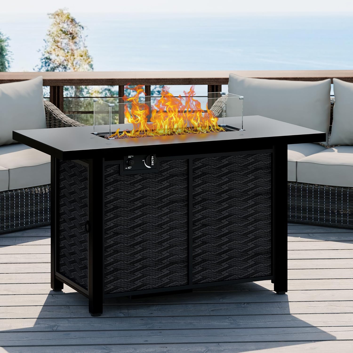 Meilocar Propane Fire Table, 43 in Outdoor Fire Pit Table with Lava Rocks, 50,000 BTU Rectangular Fire Table with Lid and Rain Cover, 2-in-1 Firepit Table for Patio, Backyard, Balcony
