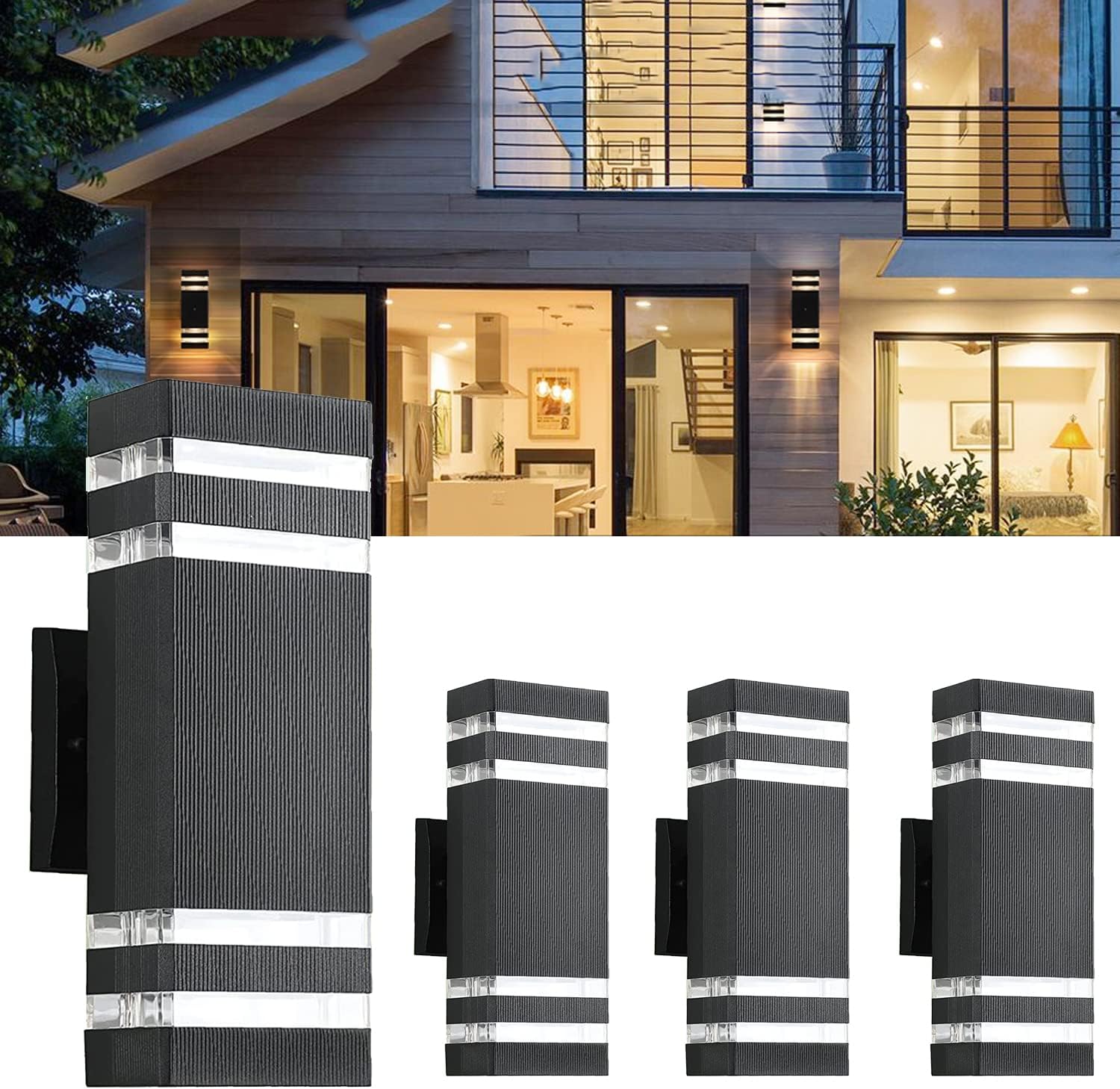 4Pack 12inch LED Square Up&Down Wall Lights 14W 4000K Day White Outdoor Wall Light Aluminum Body Waterproof IP65 led Porch Light for House Patio Garage Garden(No Sensor)