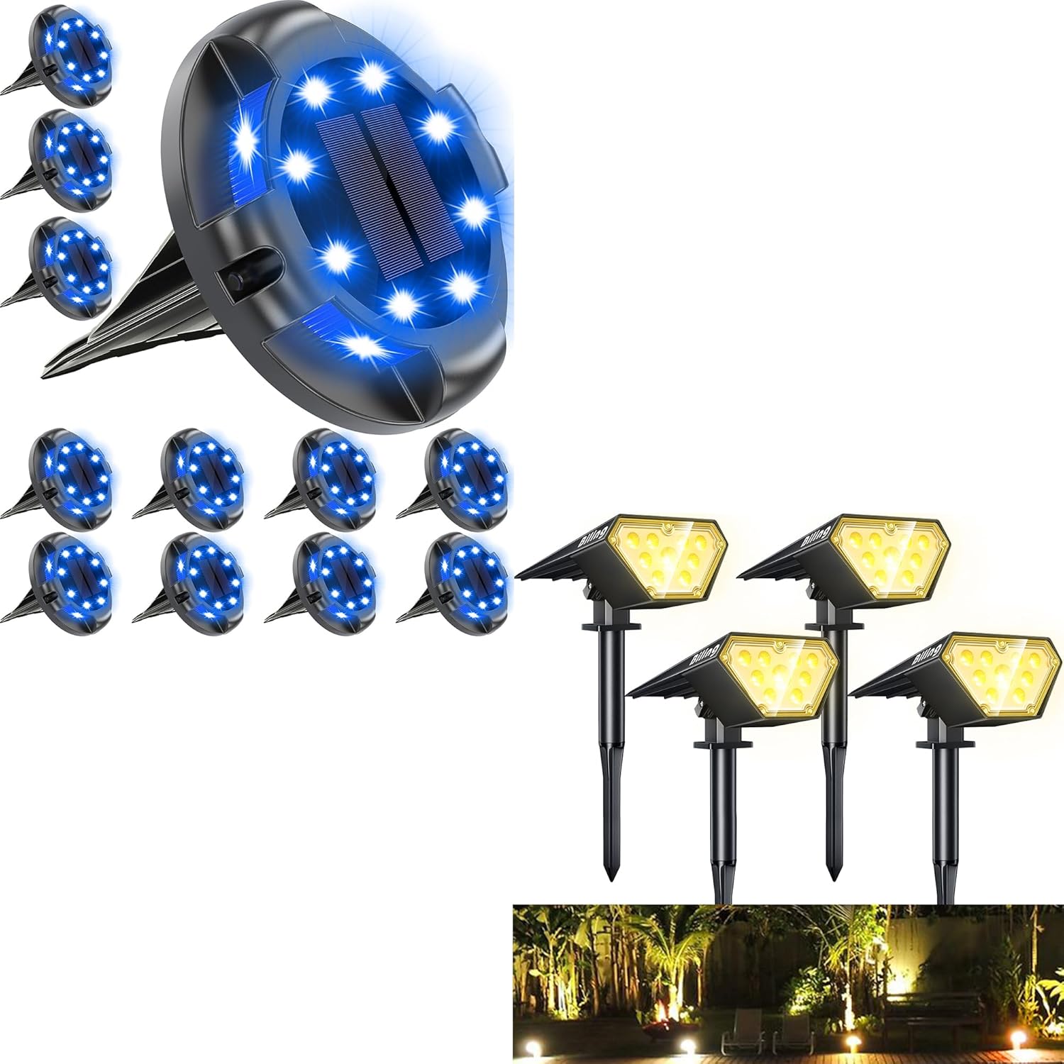 Biling 12 Pack Solar Ground Lights & 4 Pack Solar Spot Lights Outdoor Waterproof