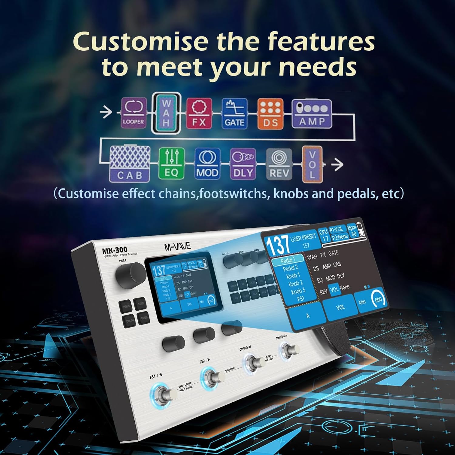 M-VAVE MK-300 Guitar Bass AMP Modeler & Effects Processor with 320+ Effects, 160 Presets, Looper, Drum Machine, USB/BT 10H Battery for Live/Recording