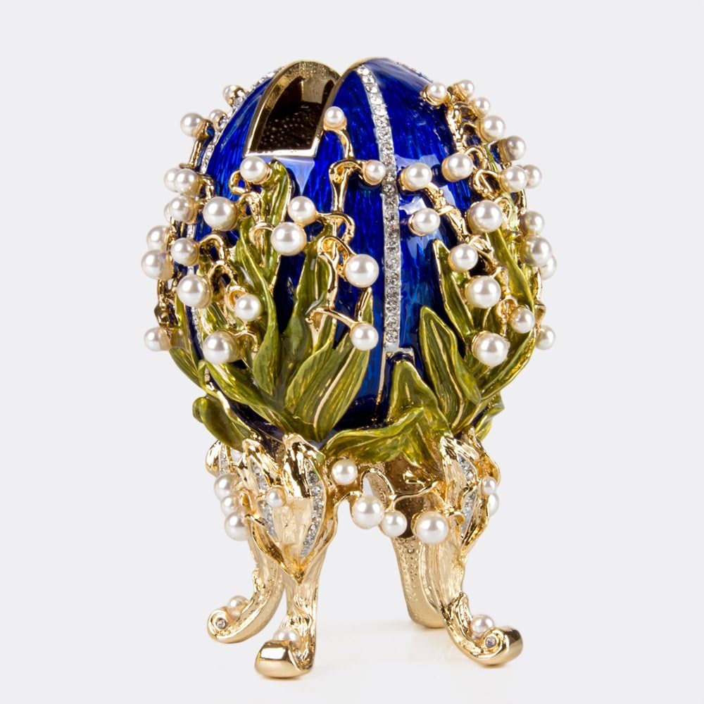 Crystals Faberge Egg: Lily of the Valley Egg Jewelry Box with Clock in Blue