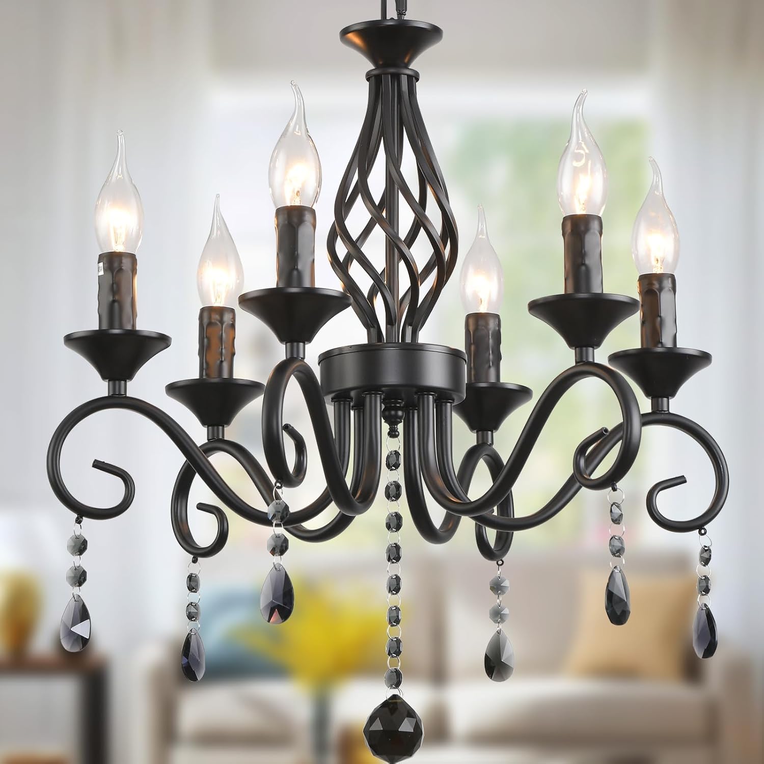 Ganeed 6-Light Farmhouse Black Crystal Candle Chandelier for Living Room, Rustic Industrial Pendant Ceiling Light Fixture, Vintage Hanging Lamp for Bedroom Hallway Kitchen Dining Room Foyer