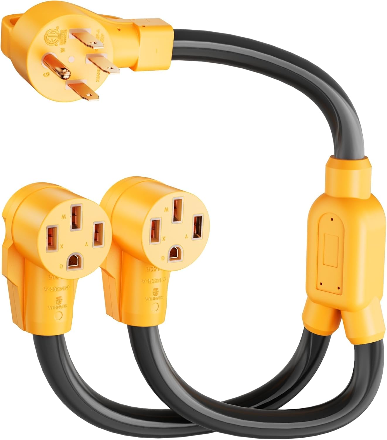 MECMO 50 Amp Y Splitter for RV/EV Charging, ETL Listed, NEMA 14-50P to 2X 14-50R Adapter, 4 Prong 250-Volt Generator Adapter, Auto/RV/EV/Tesla Model 3/S/X/Y, 6/3 8/1 STW AWG, 3 Feet