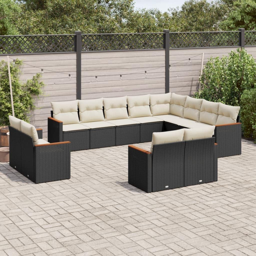 12-Piece Modular Garden Sofa Set, Black PE Rattan, Powder-Coated Steel Frame, Outdoor Patio Furniture Seating for 12 People, Water-Resistant Cushions