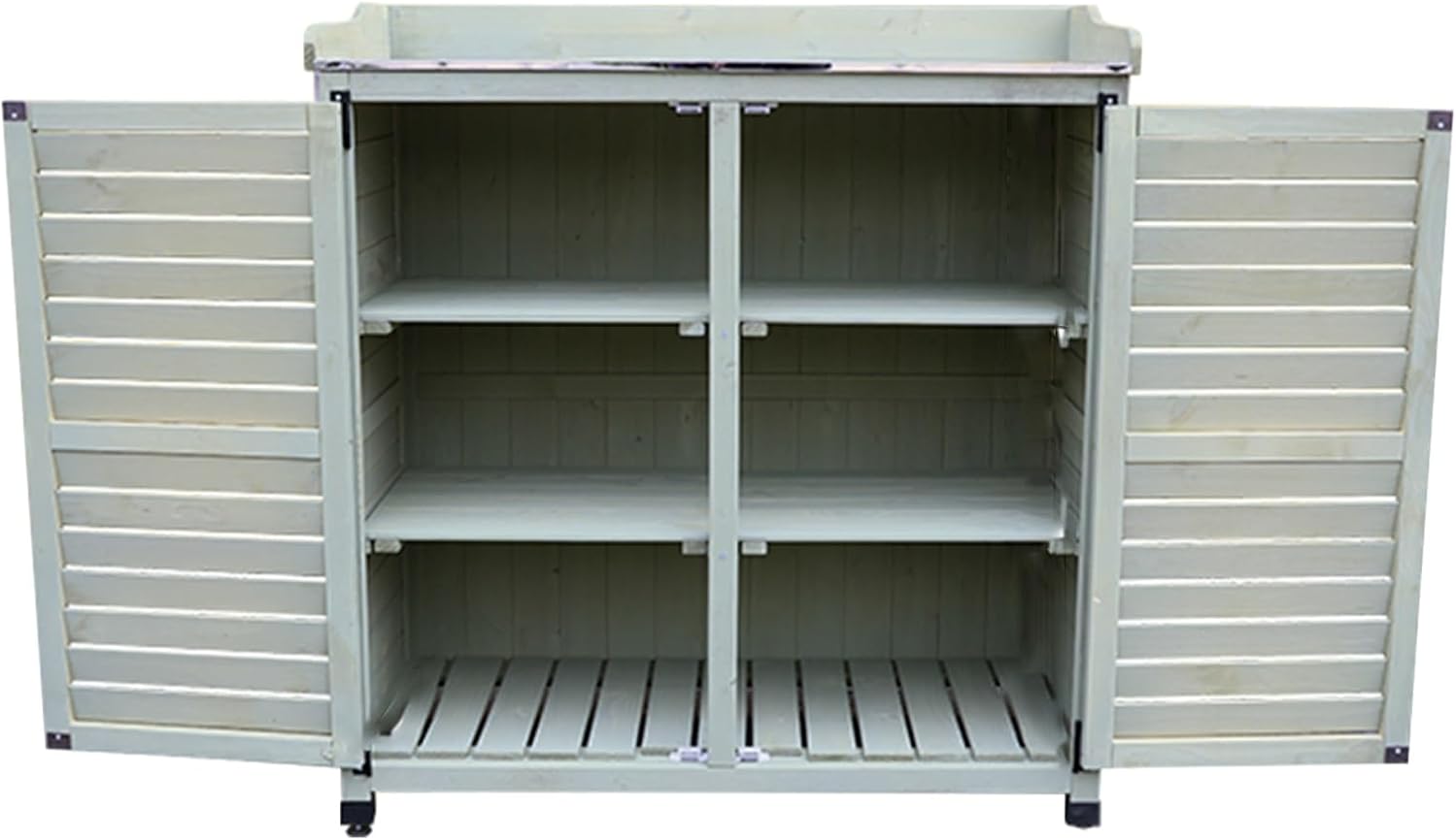 Garden Tool Storage Cabinet, Outdoor Garden Patio Wooden Storage Cabinet with Adjustable Shelf, Outdoor Potting Bench with Storage Cabinet and Metal Top (One Color Gray)